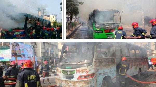 রাজধানীতে দেড় ঘণ্টায় ৩ বাসে আগুন, নিয়ন্ত্রনে ফায়ার সার্ভিস