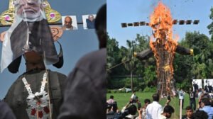 রাবণের মুখে মোদি – ট্রাম্প – দোভাল – আম্বানির ছবি লাগিয়ে কুশপুত্তলিকা দাহ